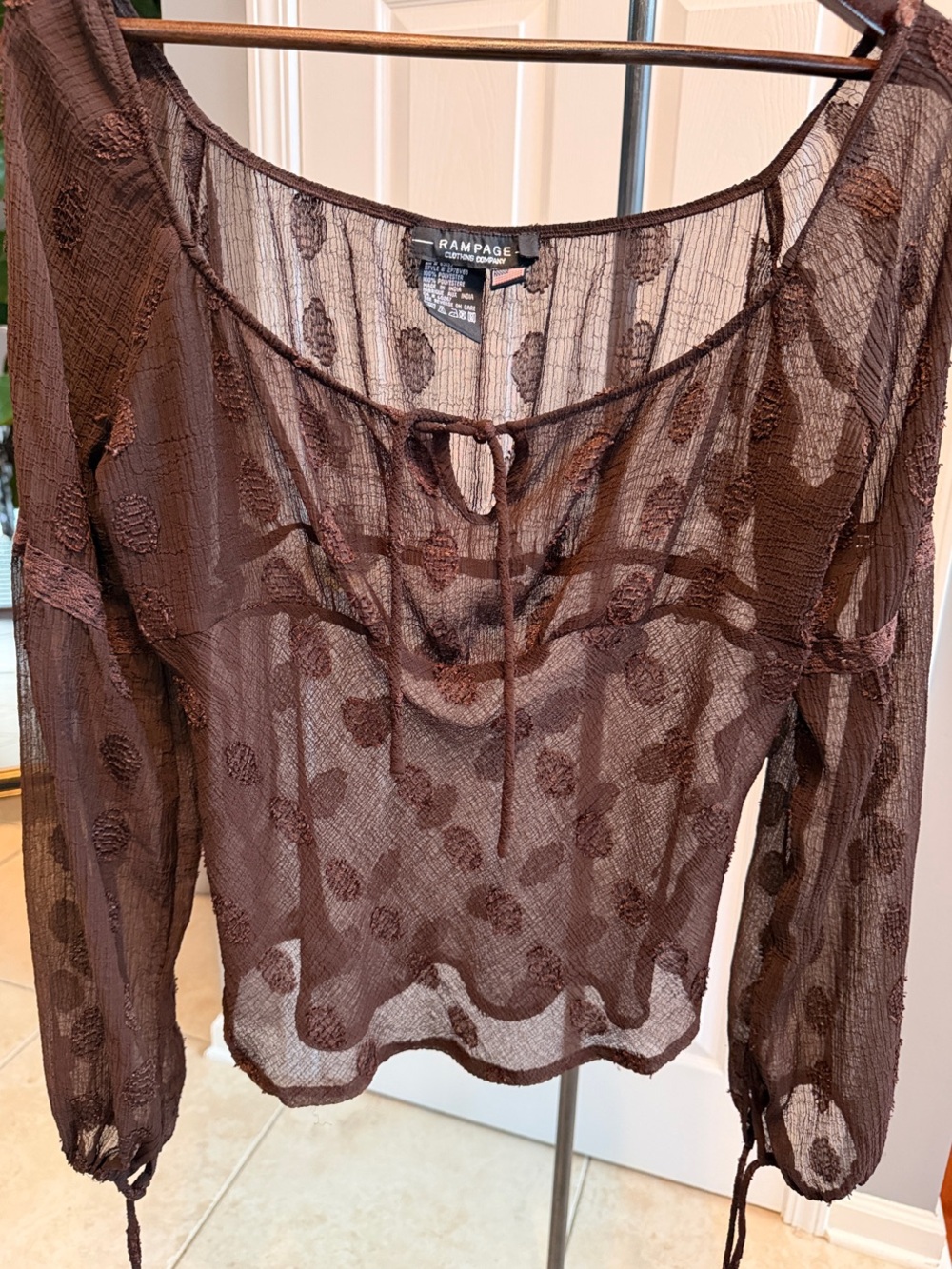 Rampage Chocolate Sheer Dot-Textured Long Sleeve Blouse